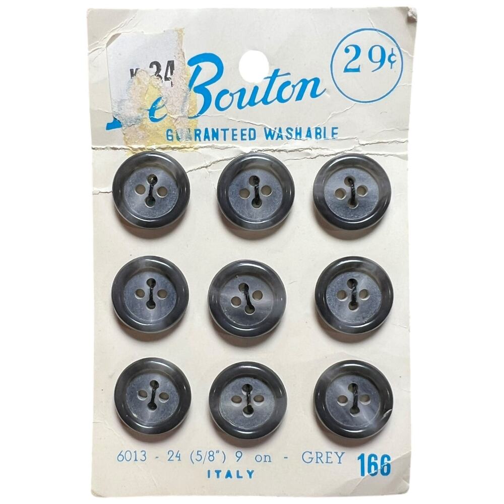 Vintage Le Bouton Italian Grey Buttons Set of 9 Washable 5/8 Italy